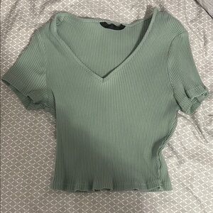SHEIN Ribbed V-Neck Short Sleeve Top - Sage